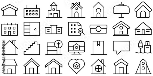 Housing Icons: A comprehensive set of minimalistic housing icons, perfect for representing diverse real estate concepts, property types, and design elements.