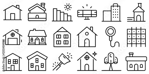 Housing Icons: A comprehensive set of modern housing icons, perfect for representing real estate, architecture, and construction concepts. Clean lines and versatile design for various applications. 
