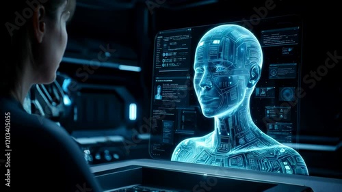  holographic ai projection talking to woman on transparent display in dark laboratory