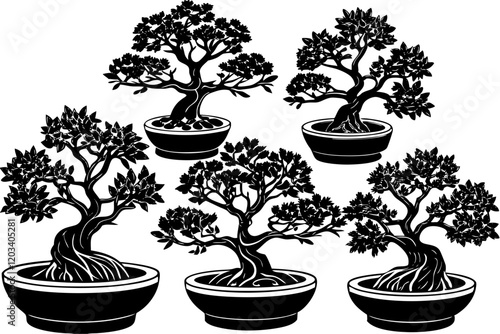 Tranquil Bonsai Ensemble: An intricate depiction of a collection of meticulously cultivated bonsai trees, showcasing their delicate forms and artistic aesthetic.