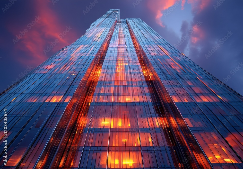 Breathtaking View of a Modern Skyscraper at Sunset with Reflective Glass Facade and Vibrant Colors Lighting Up the City Skyline Breathtaking View of a Modern Skyscraper at Sunset with Reflective Glass Facade and Vibrant Colors Lighting Up the City Skyline