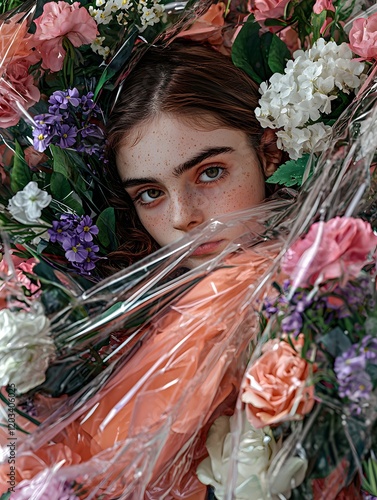 Surreal and Floral Portrait of a Young Person Enveloped in Vibrant Pastel Blossoms