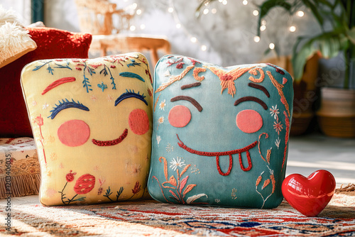 Goofy colourful cute embroidered lovestruck cushions loveable characters in alternative valentine romantic love story, red heart, comfortable home interior
