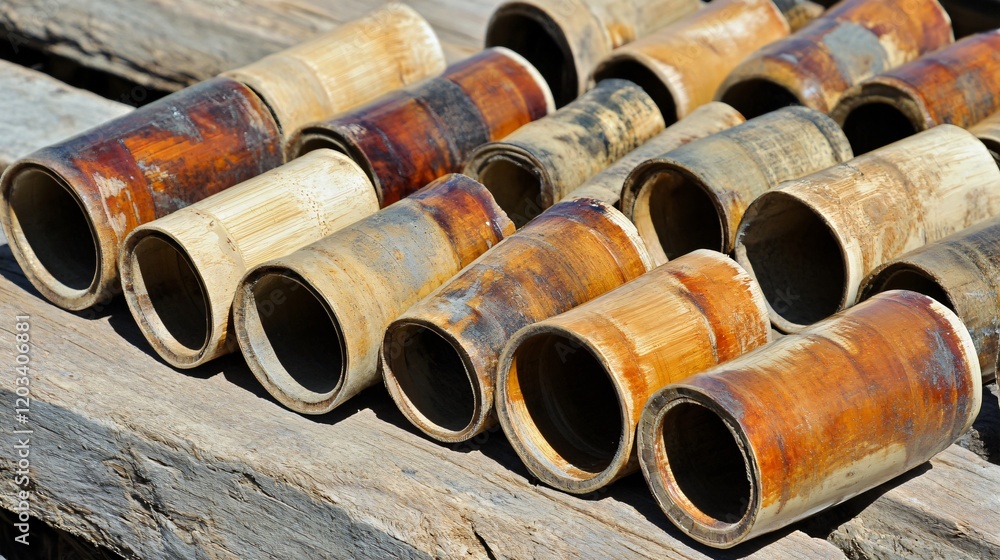 Rustic Bamboo Tubes Collection Wooden Background Rustic Bamboo Tubes Collection Wooden Background