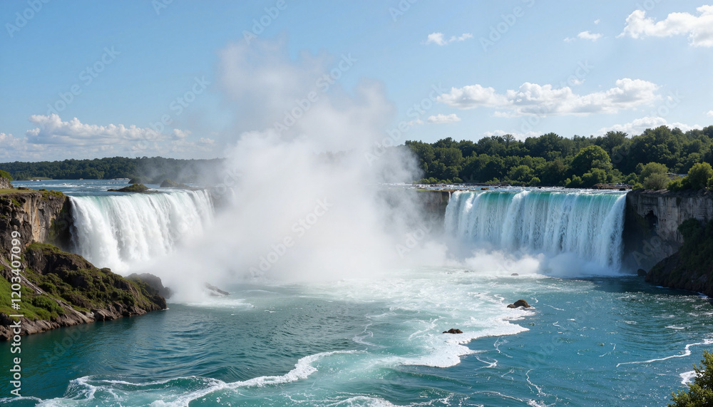Majestic waterfall with cascading water and mist in bright sunny landscape Majestic waterfall with cascading water and mist in bright sunny landscape