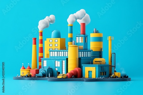 Colorful Cartoon Factory Illustration on a Blue Background
