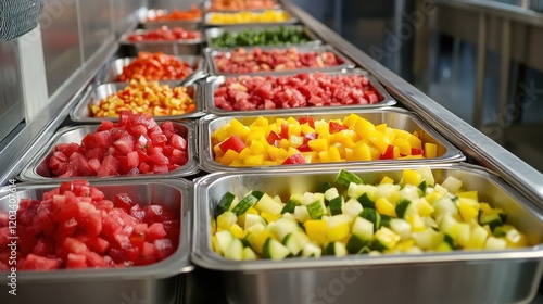 Wallpaper Mural Freshly cut fruits and vegetables arranged in trays in a commercial kitchen, showcasing vibrant colors Torontodigital.ca