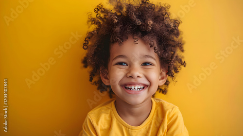 Wallpaper Mural Portrait of a very handsome little curly smiling boy of African American appearance on an isolated yellow background. Happy childhood concept. A healthy child's smile. Banner with copy space Torontodigital.ca