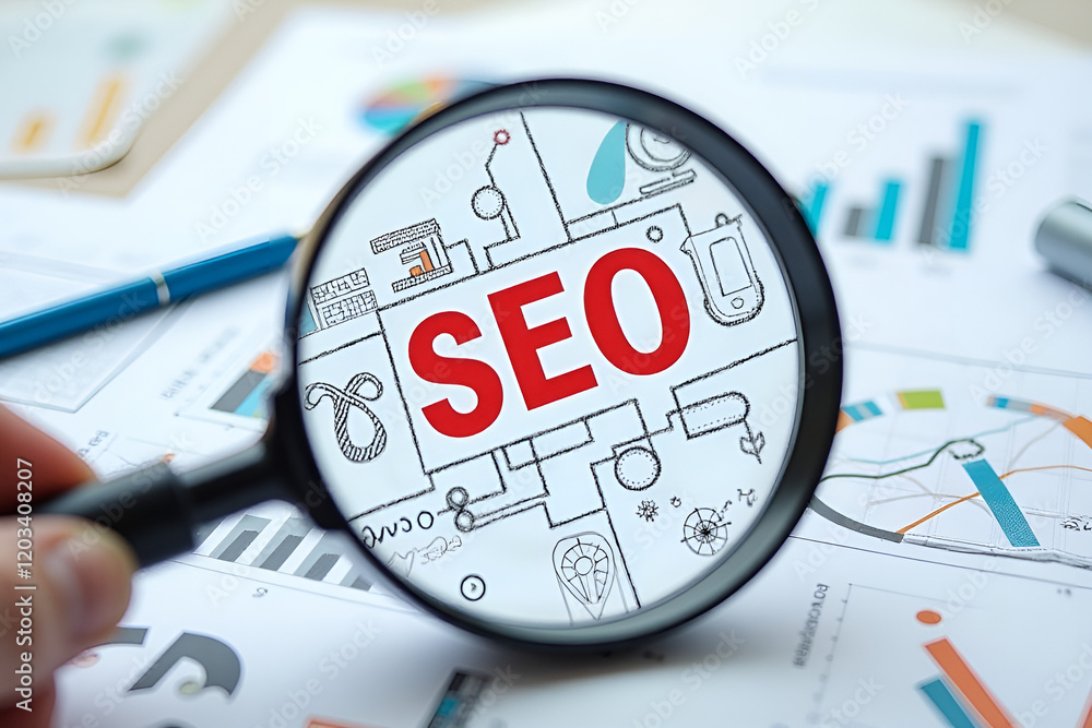 Fototapeta premium magnifying glass with SEO letter in red, SEO concept or Search Engine Optimization, Idea, Strategy and advertising or marketing, Keyword and Content planning