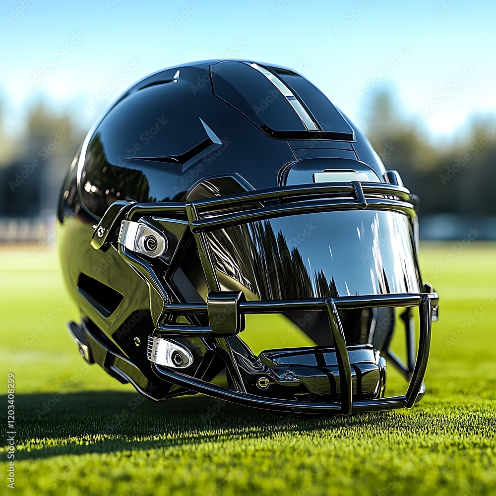 Modern metallic football helmet illustration featuring sleek and reflective surface design Modern metallic football helmet illustration featuring sleek and reflective surface design