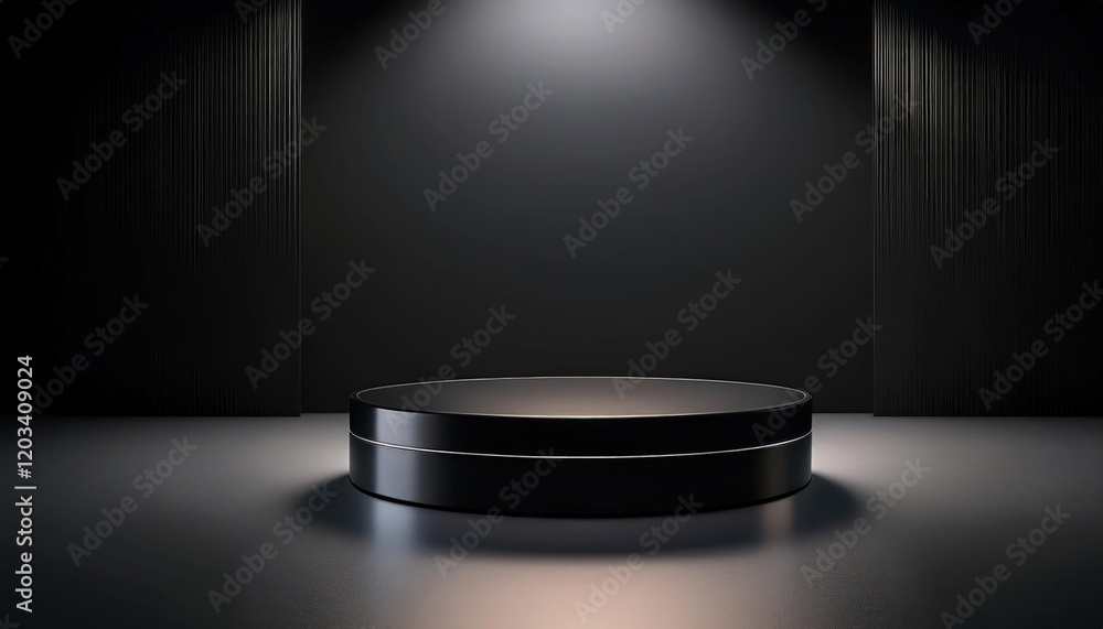 Elegant Black Minimalist Podium with Smooth Texture and Mysterious Lighting Elegant Black Minimalist Podium with Smooth Texture and Mysterious Lighting
