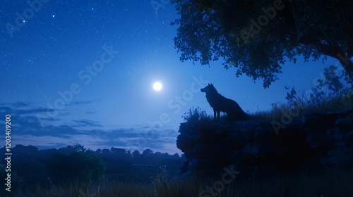 Lone Wolf Under the Moonlit Sky: A Nocturnal Landscape photo