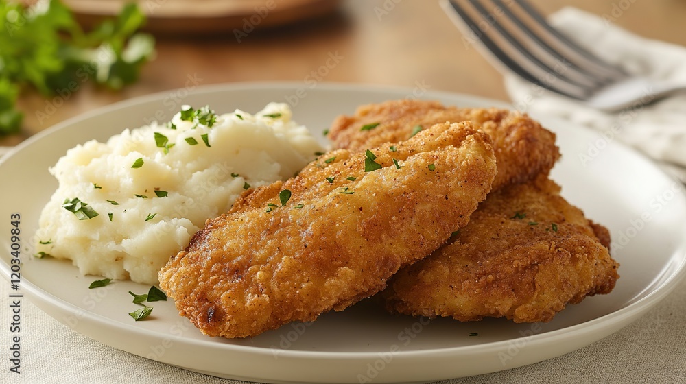 Crispy fried fish fillets served with creamy mashed potatoes and parsley garnish. Crispy fried fish fillets served with creamy mashed potatoes and parsley garnish.