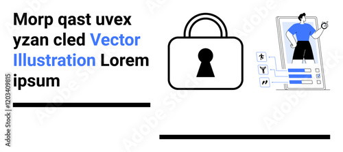 Lock icon representing security, mobile app with user profile and settings. Ideal for cybersecurity, user interface design, mobile app development, data protection, account management, privacy