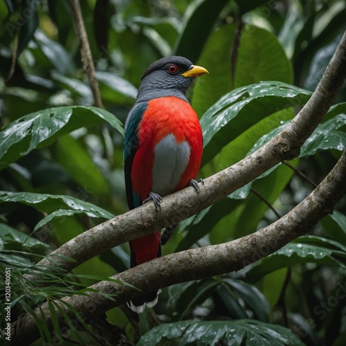 A Cuban trogon sitting on a branch surrounded by lush tropical leaves. photo