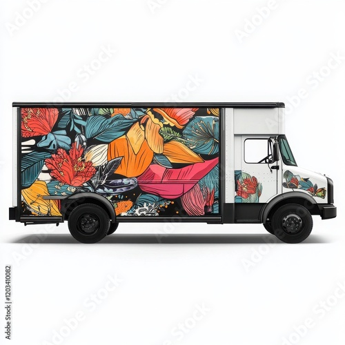 Floral Delivery Truck Design: A vibrant, eye-catching design featuring a diverse array of tropical flowers and leaves adorns the side of a delivery truck.