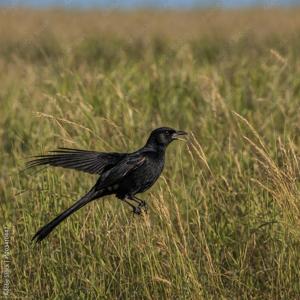 A long-tailed widowbird flying low over tall grasslands, its tail streaming behind. A long-tailed widowbird flying low over tall grasslands, its tail streaming behind.