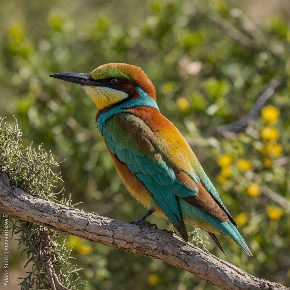 Fototapeta premium A European bee-eater resting on a branch in a vivid Mediterranean landscape.