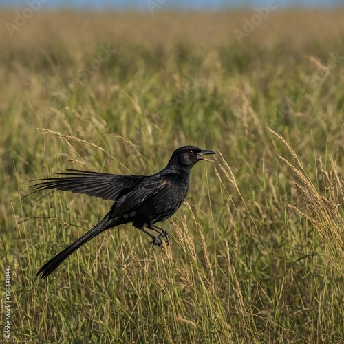 A long-tailed widowbird flying low over tall grasslands, its tail streaming behind. photo