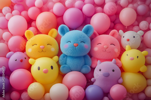 A realistic bunch of children's balloons in the shape of animals, featuring delicate textures, a dreamy atmosphere, and a harmonious composition with cinematic quality