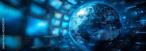 A blue globe with a white dot in the middle