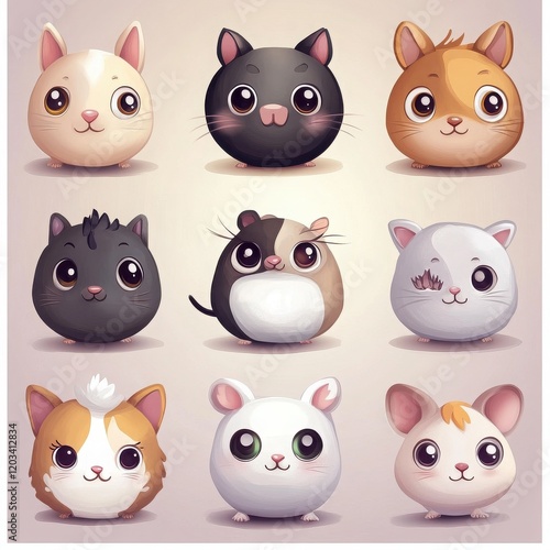 Cute Animal Icons: A collection of nine adorable animal icons, featuring cats, hamsters, and a rabbit, rendered in a charming cartoon style with expressive eyes and fluffy features.