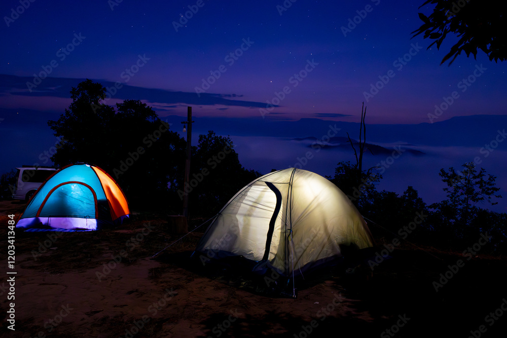 Night camping in mountain Tents, Travel and Relaxation
