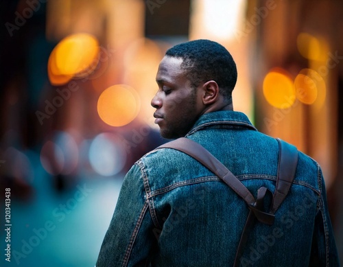 A Black man walking down the street, looking over his shoulder with a concerned expression.
