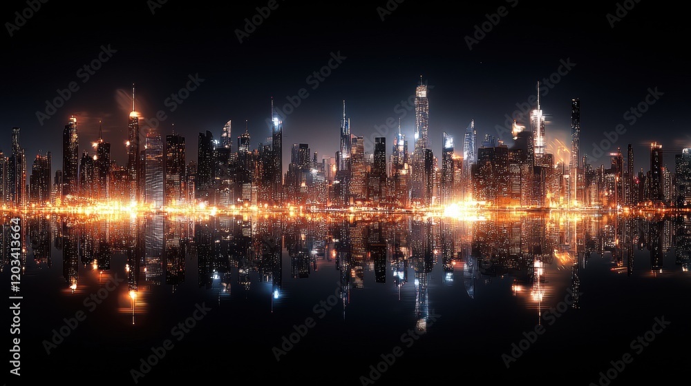 Fototapeta premium City skyline at night with reflections in water creating a vibrant urban landscape in dark colors