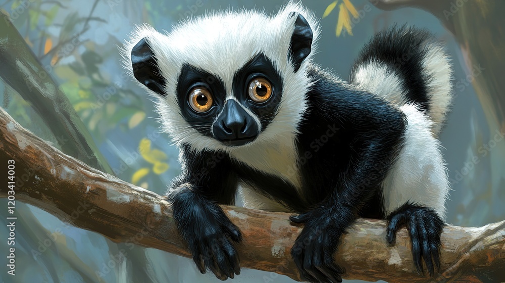 Fototapeta premium Cute black and white lemur sitting on a tree branch.
