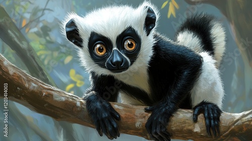 Cute black and white lemur sitting on a tree branch.