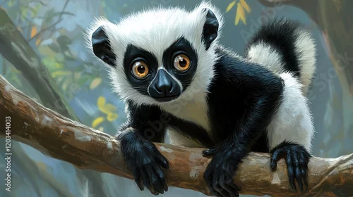 Fototapeta Cute black and white lemur sitting on a tree branch.