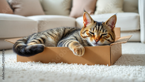 Tabby cat in cardboard box, cozy living room, soft lighting, fluffy carpet, curious expression, whiskers, paws hanging out, comfortable, domestic scene, photorealistic, high detail, warm tones, shallo photo