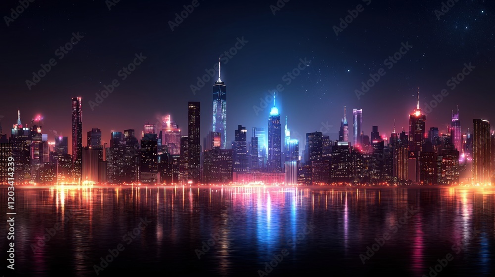 City skyline at night with illuminated buildings and colorful lights reflecting on the calm water surface City skyline at night with illuminated buildings and colorful lights reflecting on the calm water surface