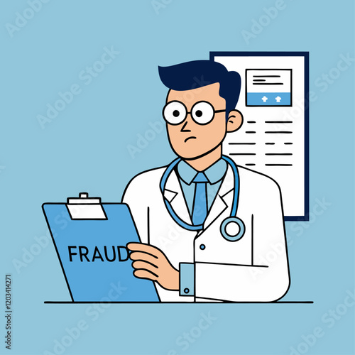 Doctor reviewing fraud document in medical office with stethoscope in background