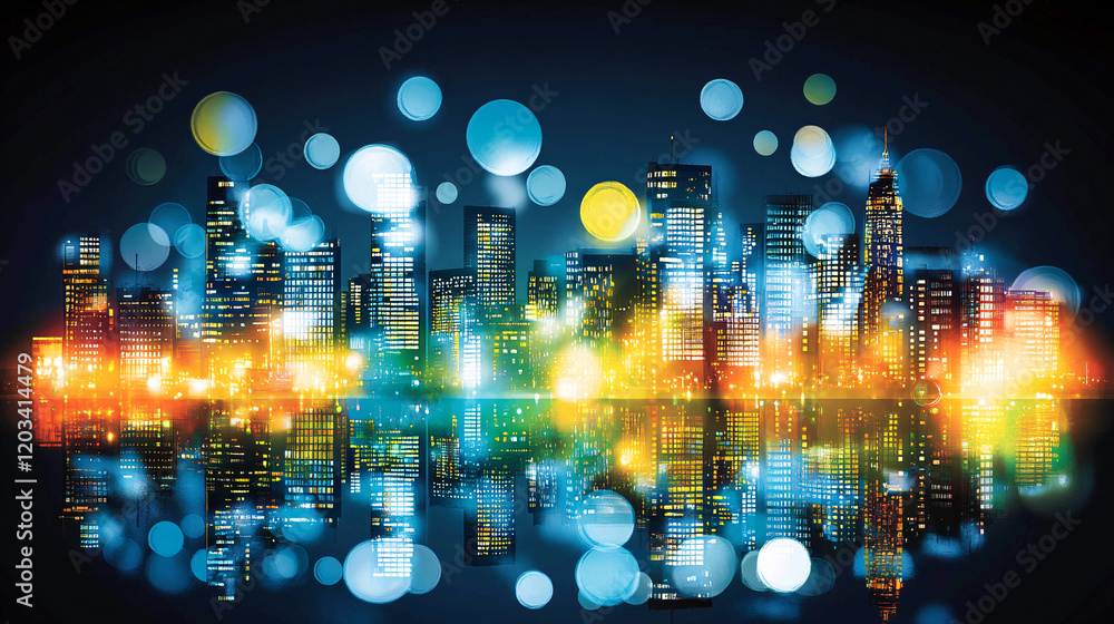 Fototapeta premium Floating light orbs drifting over a glowing cityscape, casting colorful shadows on the buildings beneath