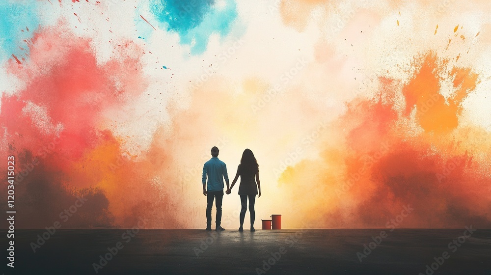 Couple Transforming Their New Home with Colorful Paint, Joyful Atmosphere, Fresh Start, Creative Collaboration, Vibrant Hues