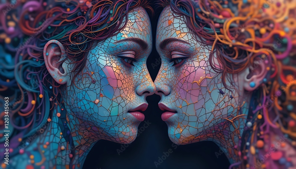 Naklejka premium Abstract portrait of two women with faces like stained glass, connected by vibrant, swirling hair.