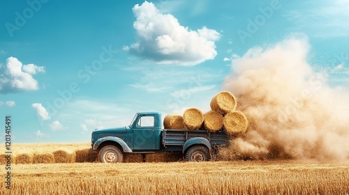 Hay Bales Afield, a farmer's truck humorously spilling hay bales in a sunlit golden field, capturing a charming countryside mishap