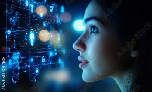 A woman is looking at a computer screen with a blue light on it