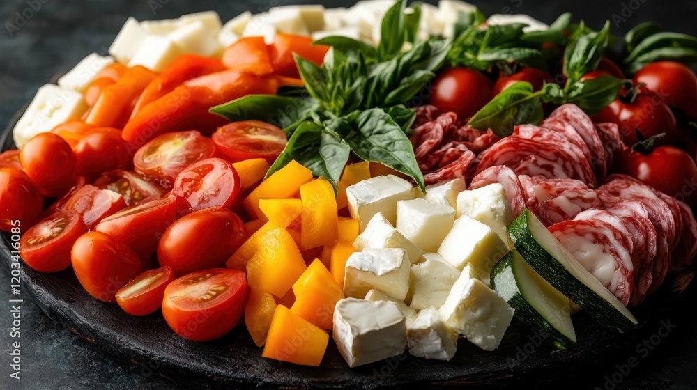 A beautifully arranged spread of fresh tomatoes, peppers, herbs, and charcuterie, inviting viewers to explore the joy of sharing and savoring exquisite flavors and textures. A beautifully arranged spread of fresh tomatoes, peppers, herbs, and charcuterie, inviting viewers to explore the joy of sharing and savoring exquisite flavors and textures.