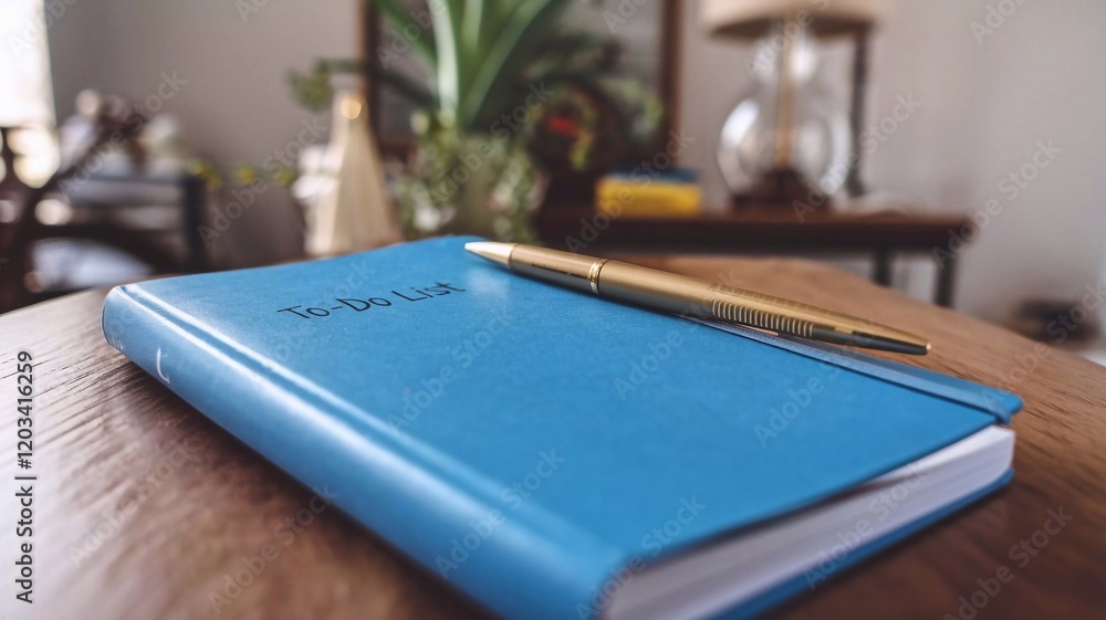 Close-up of a blue notebook with a golden pen placed on a wooden table in a cozy indoor setting Close-up of a blue notebook with a golden pen placed on a wooden table in a cozy indoor setting