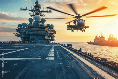 Helicopter Landing on Aircraft Carrier. Military Operation at Sea. Seaborne Aviation