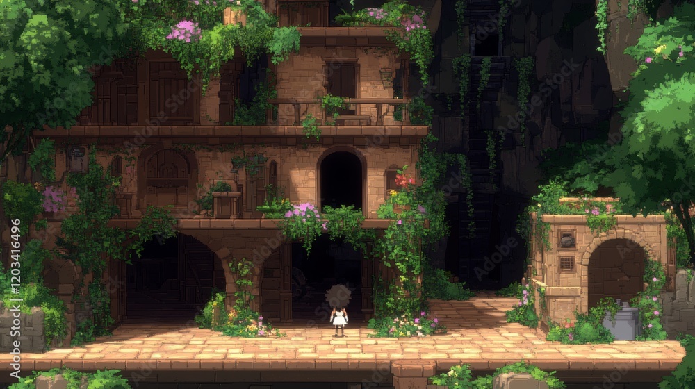 Obraz premium Girl Exploring Ancient, Overgrown Ruins