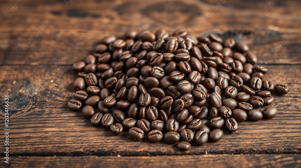 Fototapeta premium A close-up of freshly roasted coffee beans scattered over a rustic wooden background