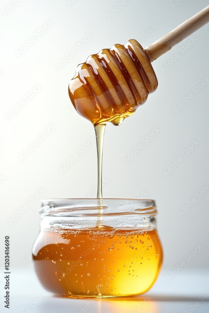 Honey dipper dripping golden honey into jar Honey dipper dripping golden honey into jar
