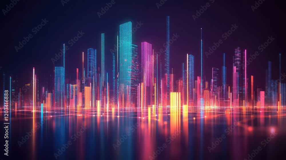 A digital concept of a smart city overlaid with glowing IoT network visualizations and futuristic elements. Copy space. A digital concept of a smart city overlaid with glowing IoT network visualizations and futuristic elements. Copy space.