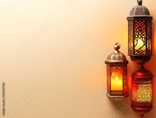 Illuminated Moroccan Lanterns Adorn a Beige Wall photo