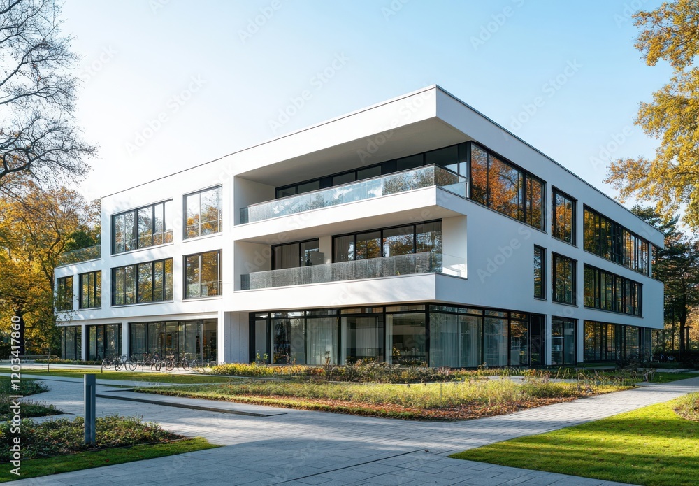 Modern Architectural Design of a Contemporary Building Surrounded by Lush Greenery and Open Spaces with Large Windows and Natural Light Modern Architectural Design of a Contemporary Building Surrounded by Lush Greenery and Open Spaces with Large Windows and Natural Light
