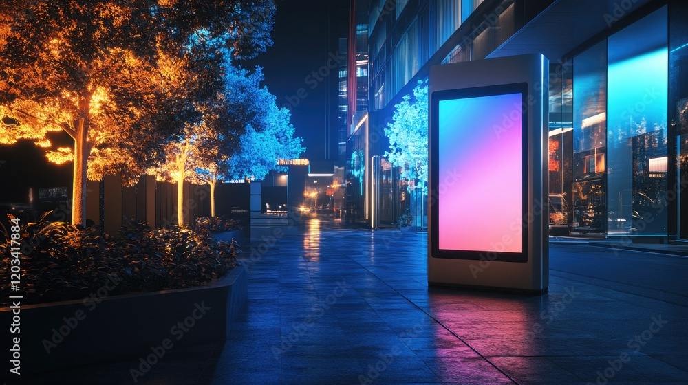 Fototapeta premium A futuristic interactive touchscreen panel in an urban space with ample copy space.